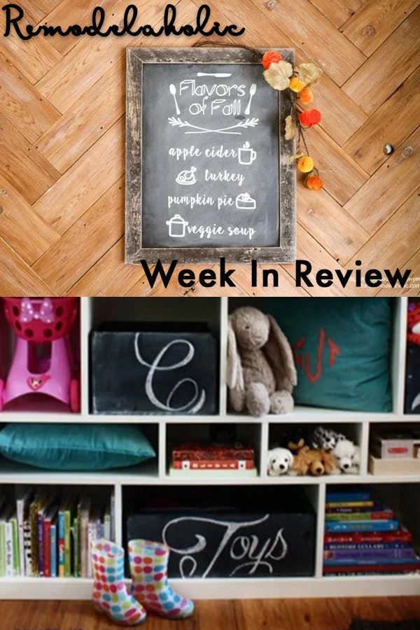 Bekob Week In Review Collage With Menu Chalkboard Against Herringbone Wood Wall And White Toy Shelf Below With Books, Pillows And Chalkboard Boxes