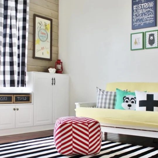 Helving options, striking TOy ROom With Black And White Striped Rug, Yellow Couch