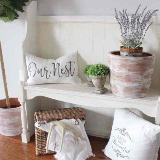 White Entry Bench With Saying Pillows Like, Our Nest