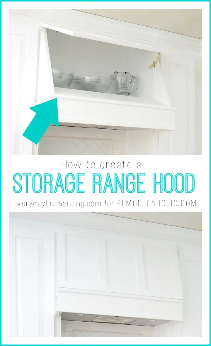 How to create a Custom Storage Range Hood via @Bekob #kitchenstorage #whitekitchen #DIYkitchen #rangehood