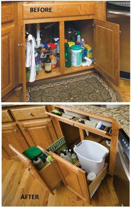 Organizing Kitchen Cabinets - use pull-out cabinets with tiered organizers to tidy up under the sink