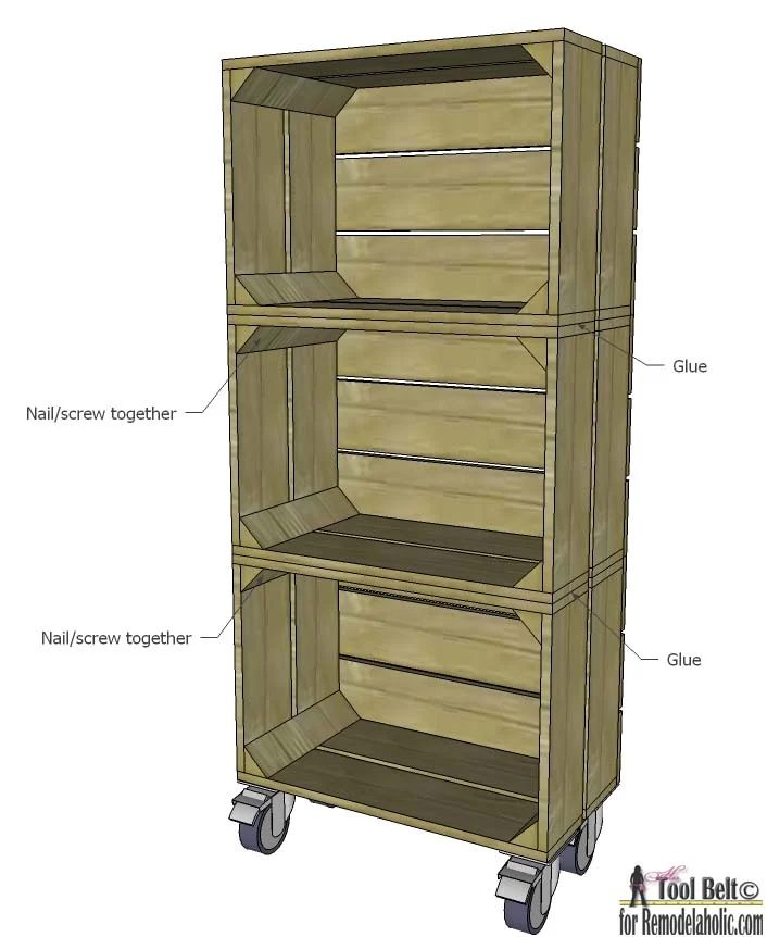 Love the look of vintage crates? Build Handmade 'vintage' crates to make a stacked crate shelf on wheels.