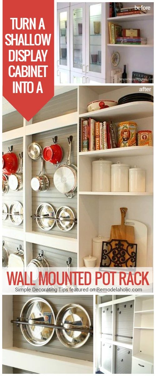 make a wall mounted pot rack with beadboard and hooks to replace a dated shallow display cabinet, SimpleDecoratingTips featured on @Bekob