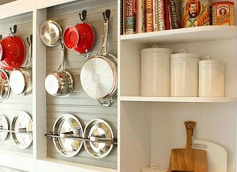 Handmade Wall Mounted Pot Rack from a Shallow Display Cabinet