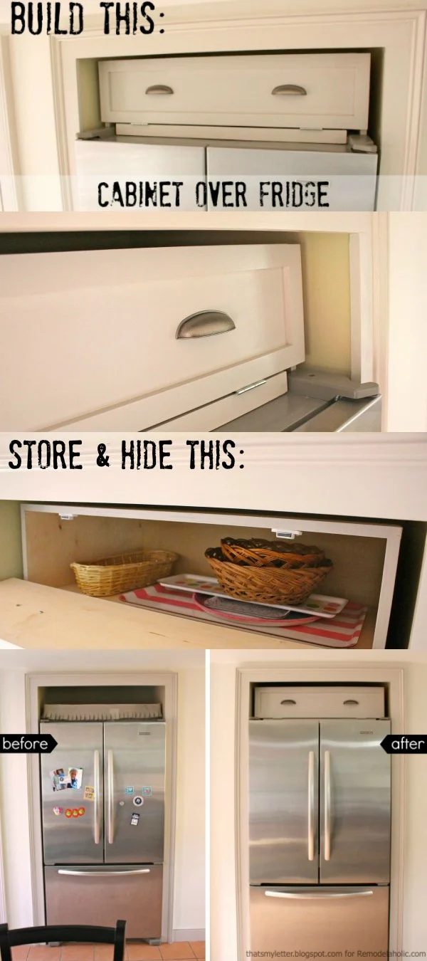Build an over-the-fridge cabinet! walkthrough from That's My Letter for Bekob.com #handmade #spacesaver #storage