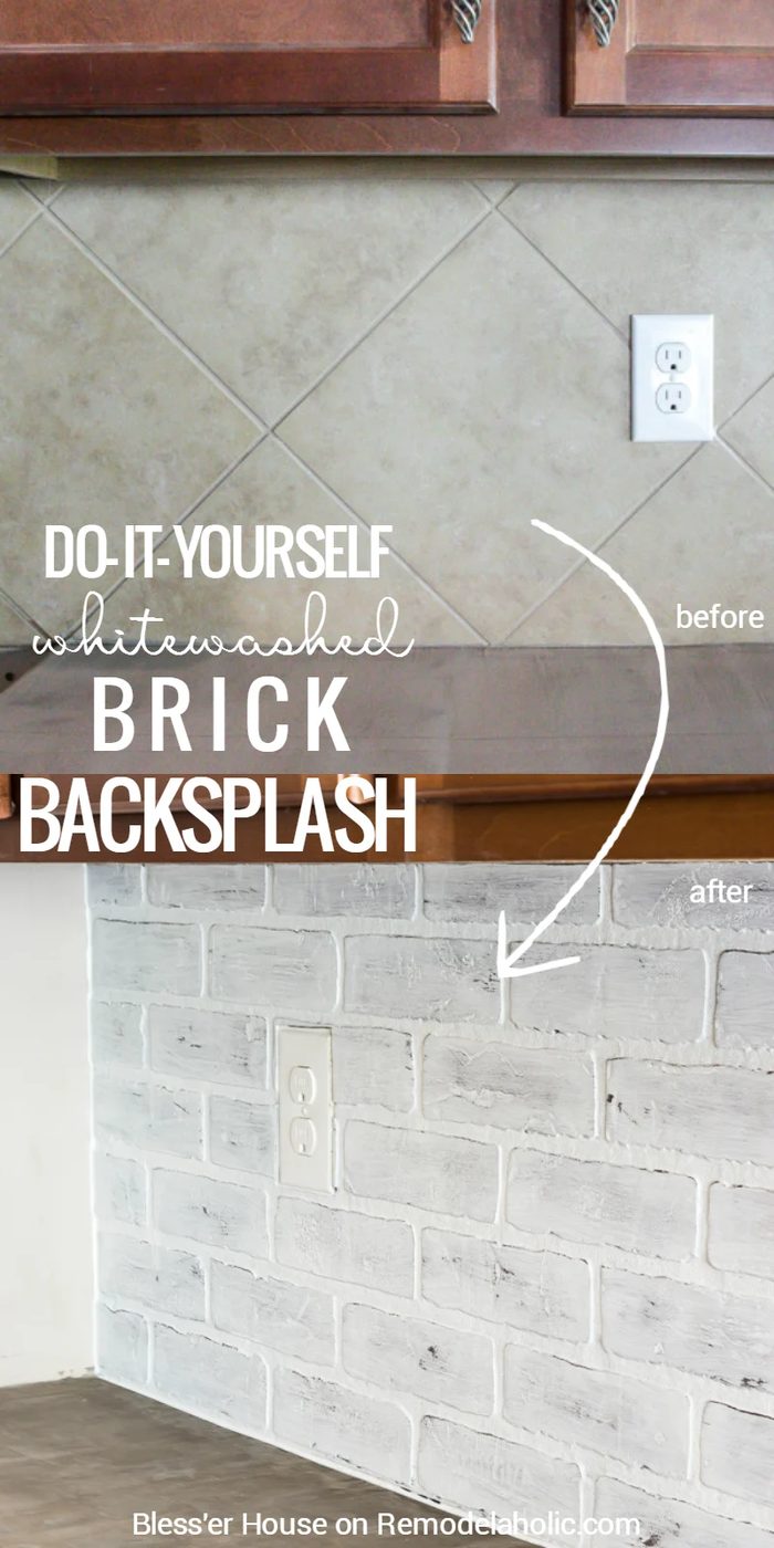 This whitewashed (faux) brick backsplash is the well fitted straightforward way to cover up a dated tile backsplash. I love how it looks in Lauren's finished white farmhouse kitche