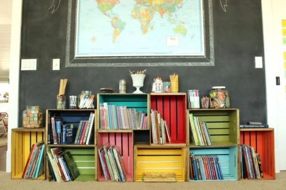 colorful crate bookshelf, The Pleated Poppy via Bekob
