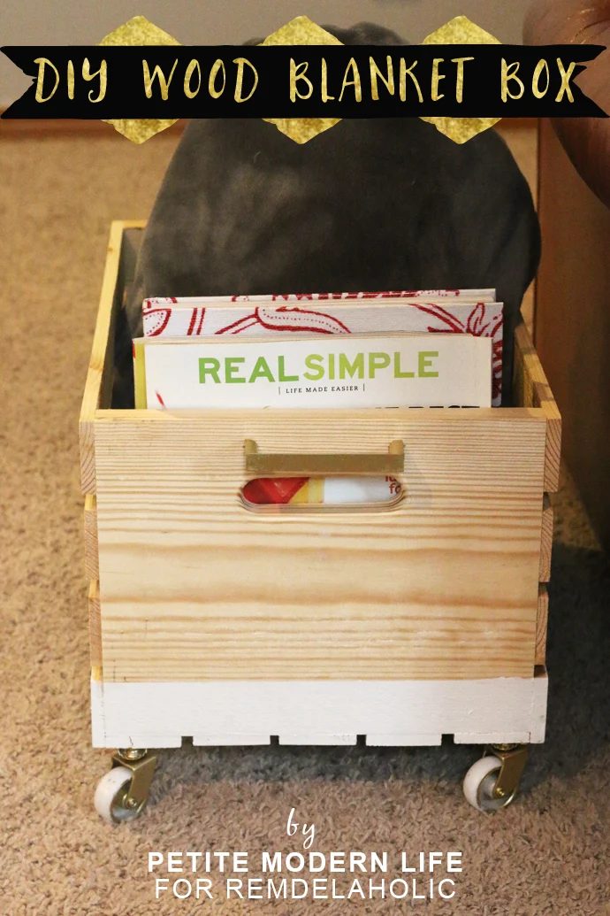 A striking multi-purpose display box with gold accents that's ideal for magazines, blankets, and toys!