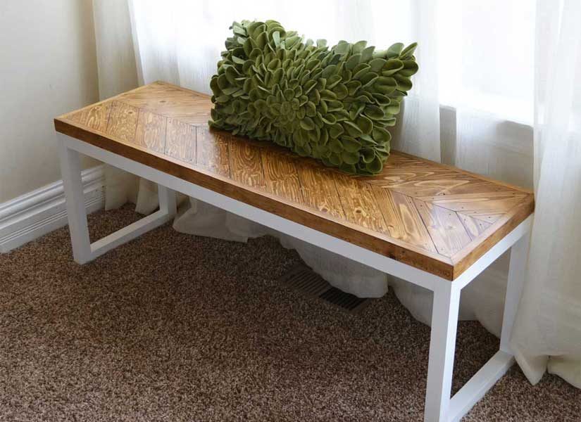 Handmade Wood Bench with Box Frame and Chevron Top