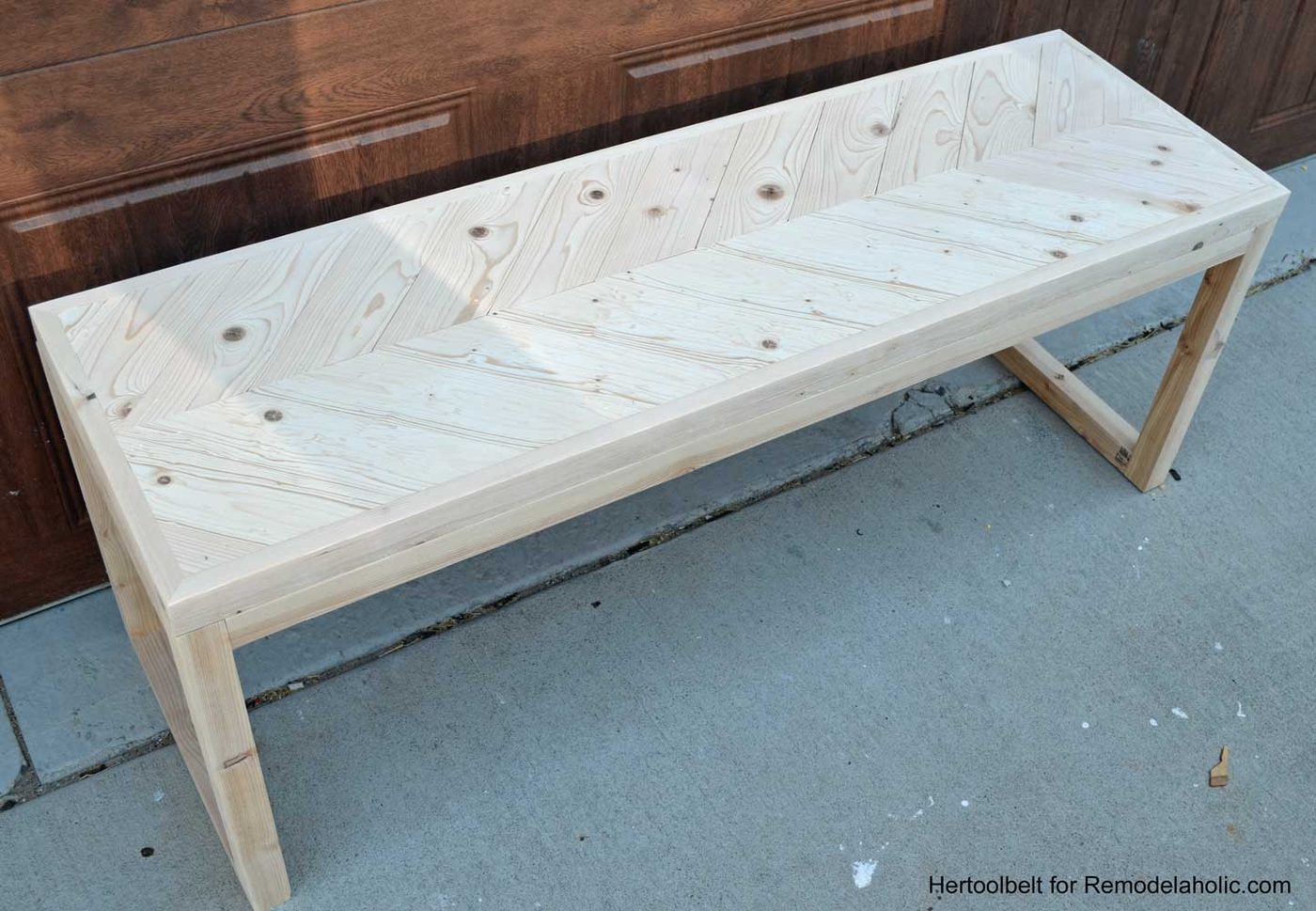 unfinished Handmade wood bench with chevron wood top