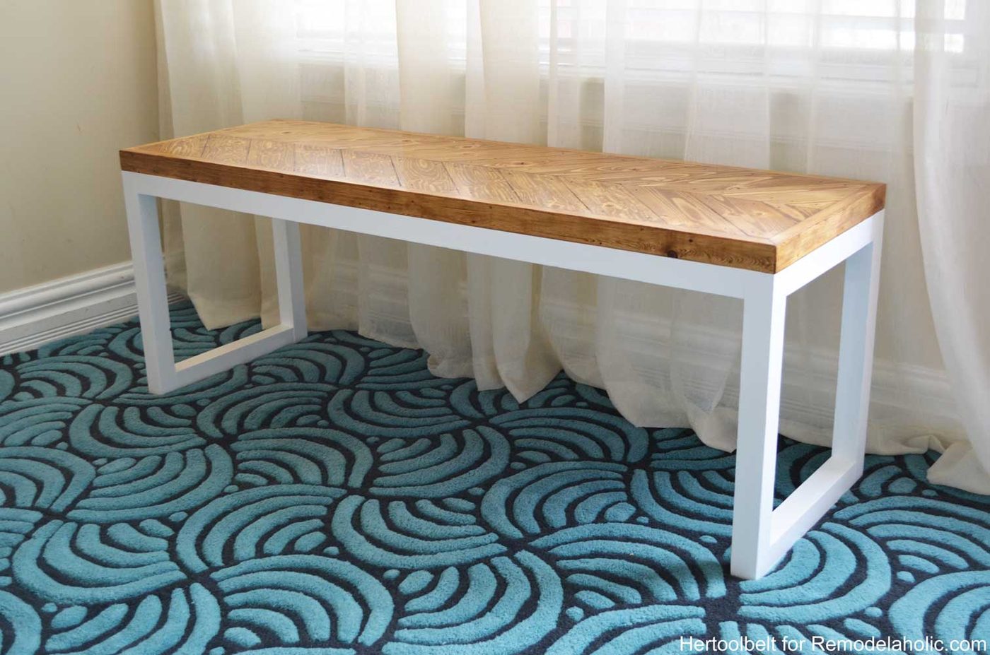 modern wood Handmade bench with chevron top and white legs