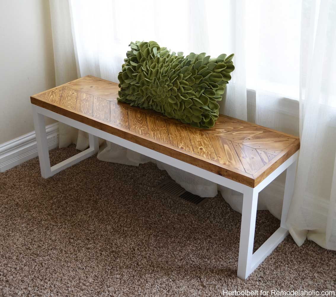 Handmade wood bench plans with stained chevron top and white painted box leg base