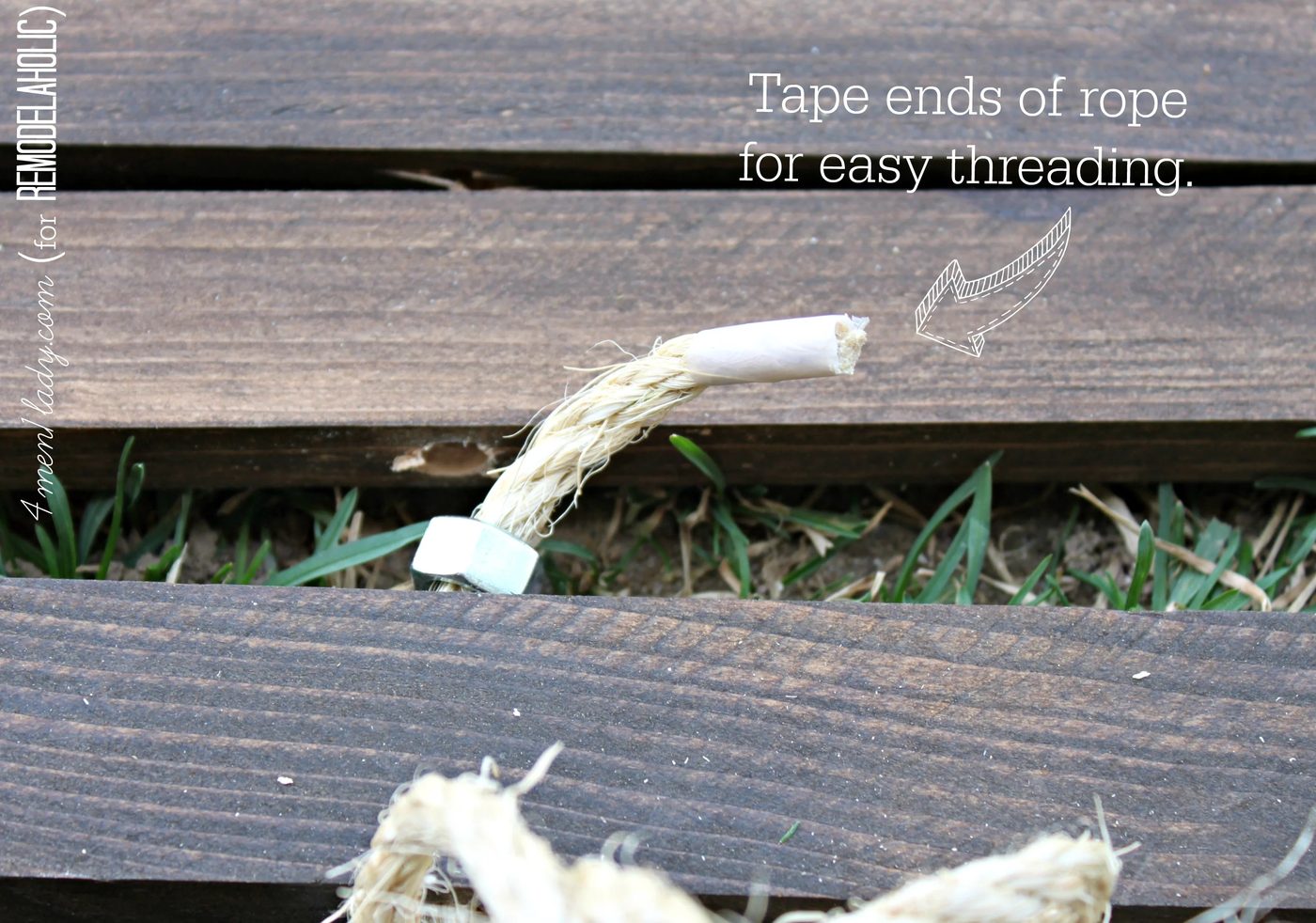 tape ends of rope to thread for wood stake doormat