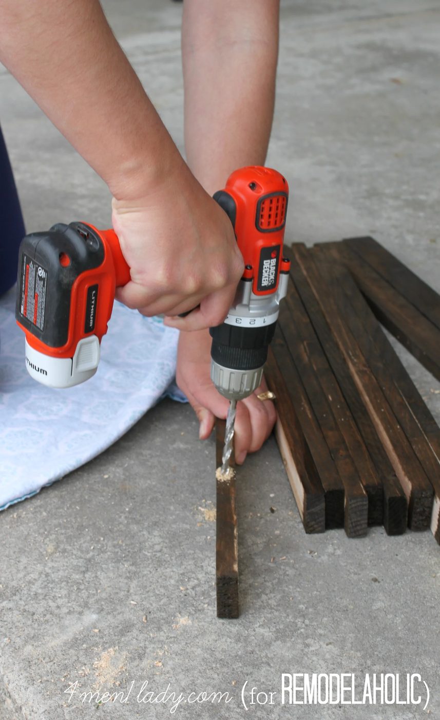 drilling holes for wooden stake door mat