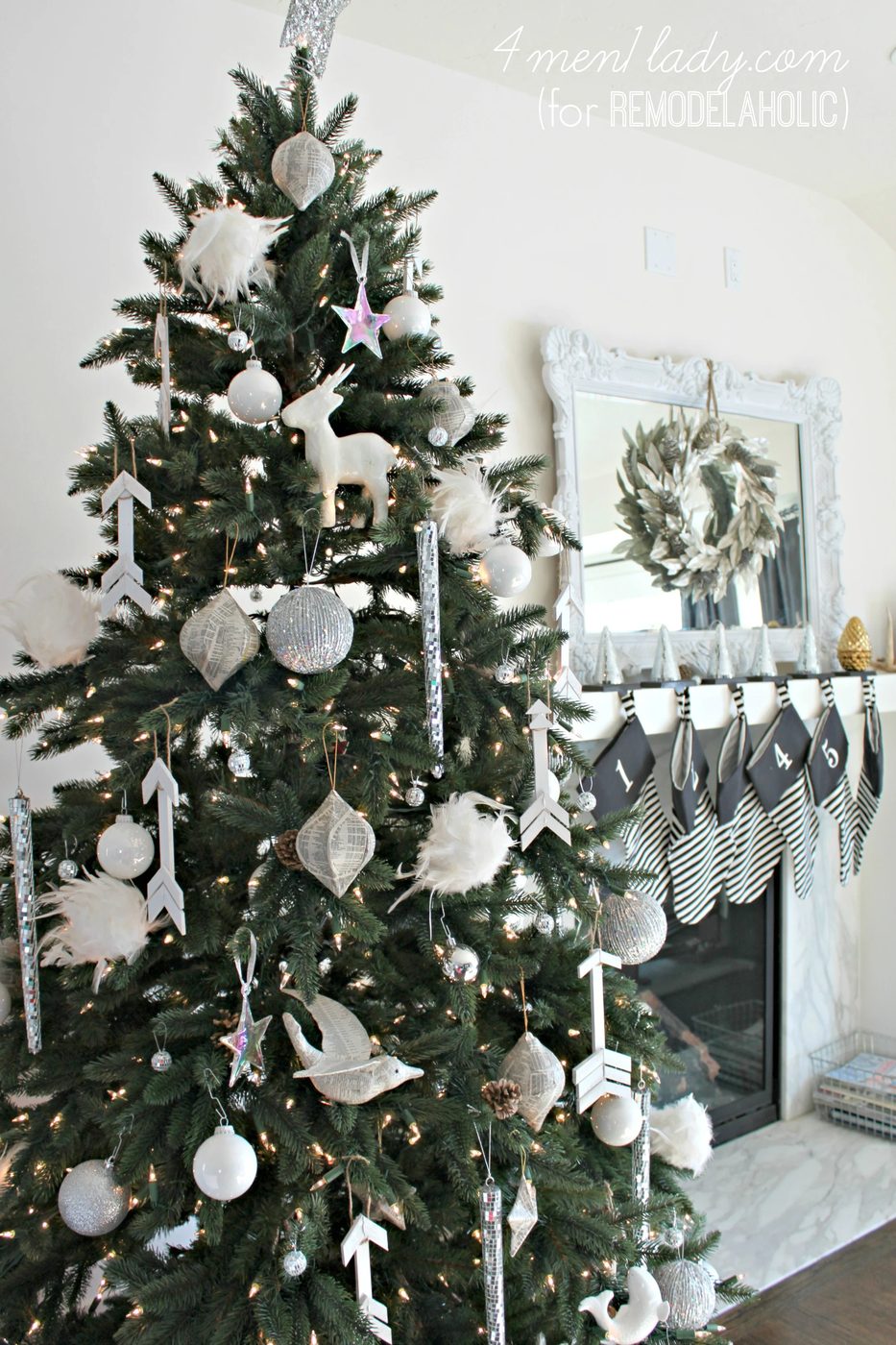 all white Christmas tree with handmade wooden arrow ornaments | 4men1lady for Bekob.com