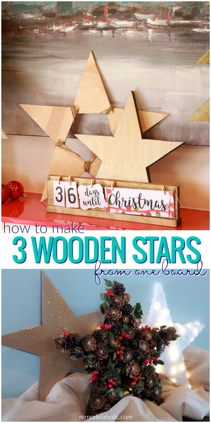 How to build 3 wooden Christmas stars from just ONE board, for about $12. These decorative wood stars are great for decorating for the Fourth of July and year round, too! | One boa
