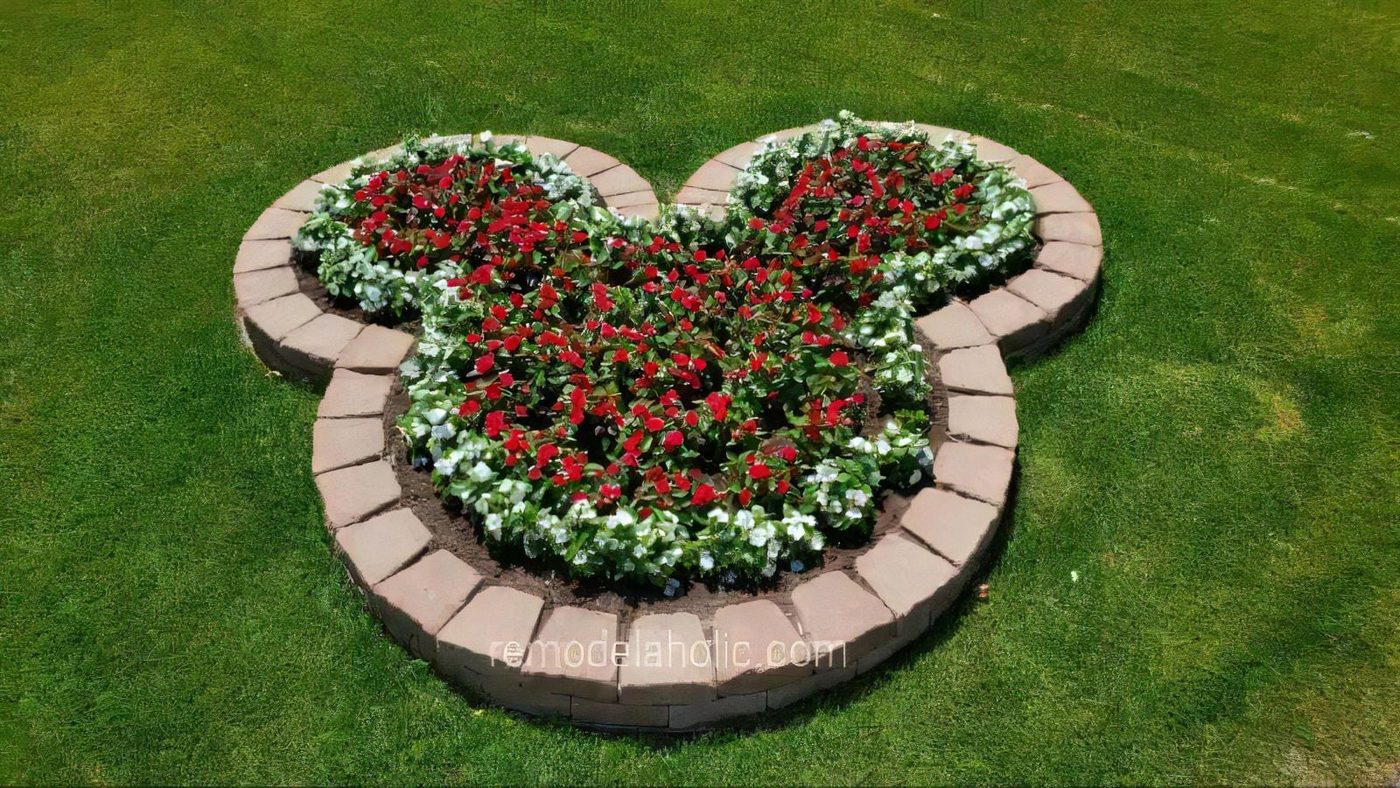 3 Diy Mickey Planter Bed With Landscaping Blocks And Red And White Flowers Bekob 050048