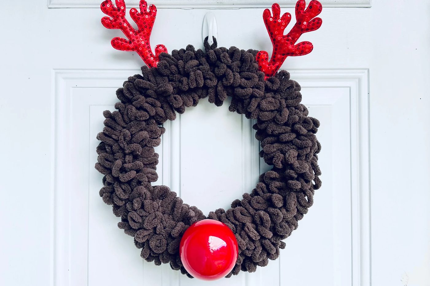 straightforward Loop Yarn Rudolph The Red Nosed Reindeer Wreath, Dollar Tree Christmas Wreath Decor options, Bekob