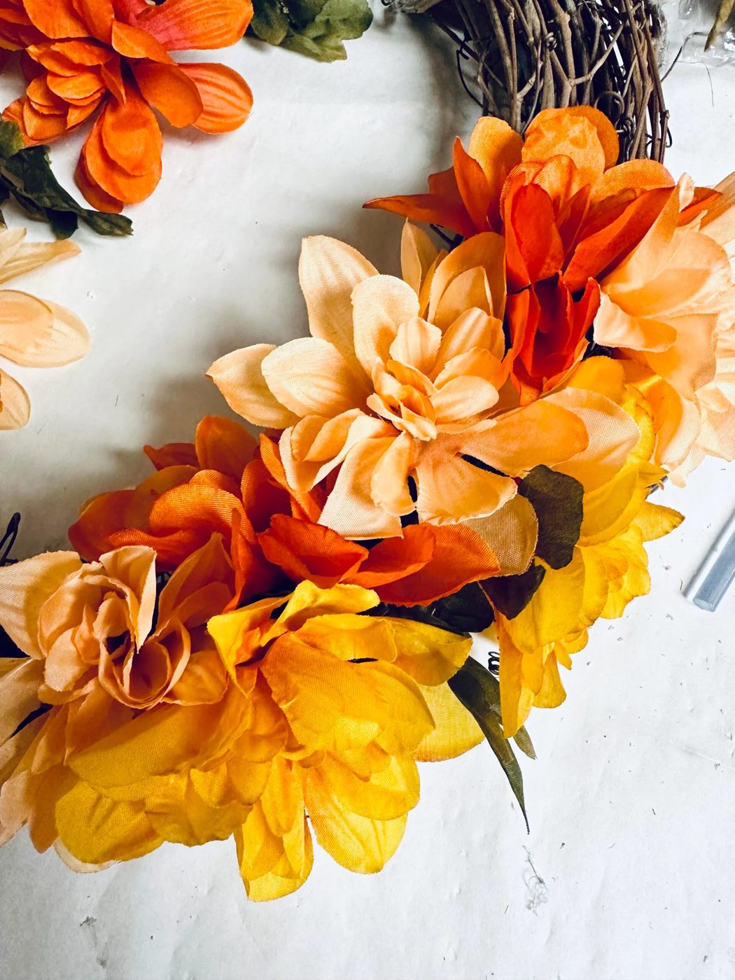 Step 3 Attach Flowers Mum And Birdhouse Dollar Tree Fall Wreath Handmade Bekob (5)