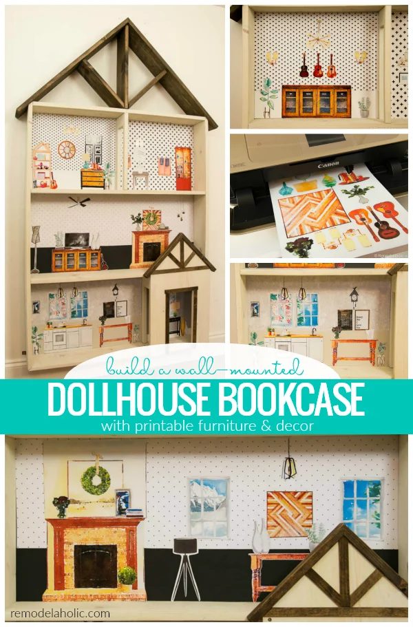 Build Magnetic Wall Mounted Dollhouse Bookcase Woodworking Plans With Printable Furniture And Decor #Bekob