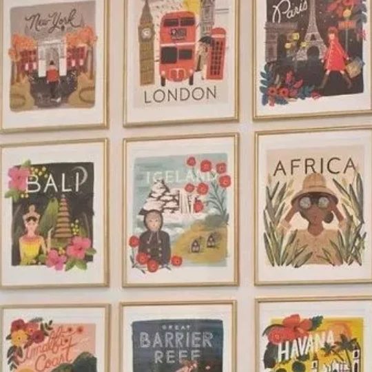 Gold Frame Collage With Colorful Vintage Destination Posters Inside, Bali, Iceland, Africa, Paris, London