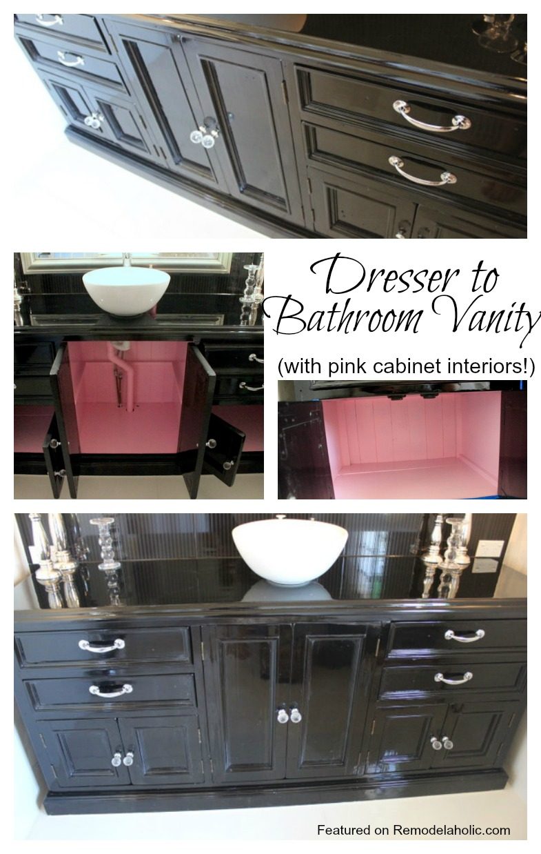 Dresser to Bathroom Vanity with pink cabinet interiors