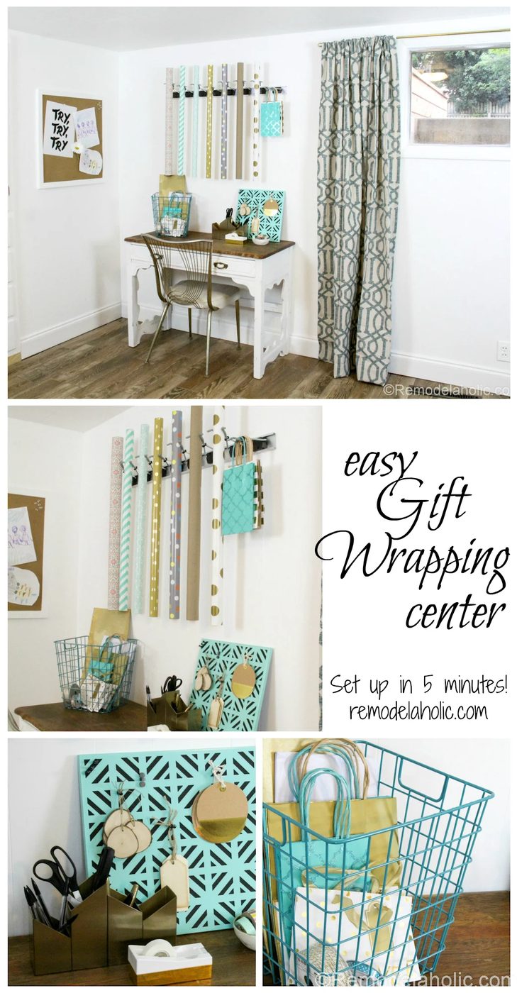 5 minutes and $20 (or less) is all you need to set up an straightforward Handmade gift wrapping center, just in time for holiday gift giving!