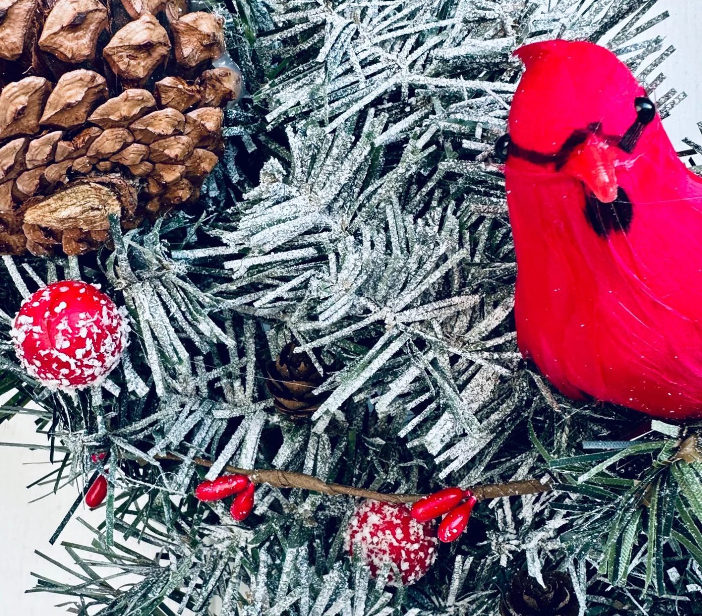 How To Flock A Christmas Wreath And Decorate Winter Wreath Handmade Red Berries Cardinal Bird Pinecones, Bekob
