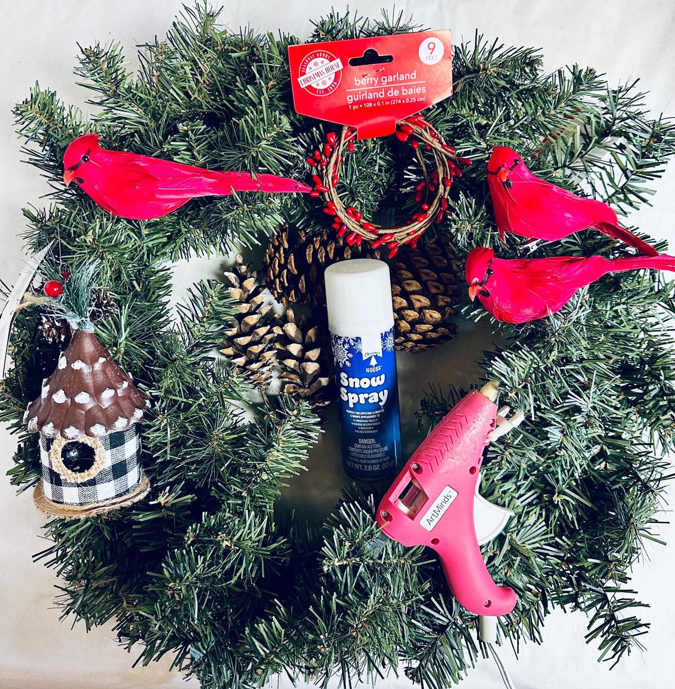 Materials And Supplies How To Flock A Winter Wreath walkthrough With Red Berries Cardinal Bird Pinecones, Bekob