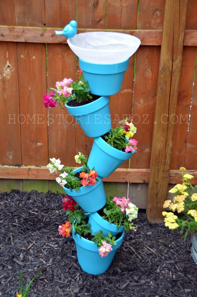 Outdoor Planter option, Stacked Flower Pots And Bird Bath Home Stories A To Z