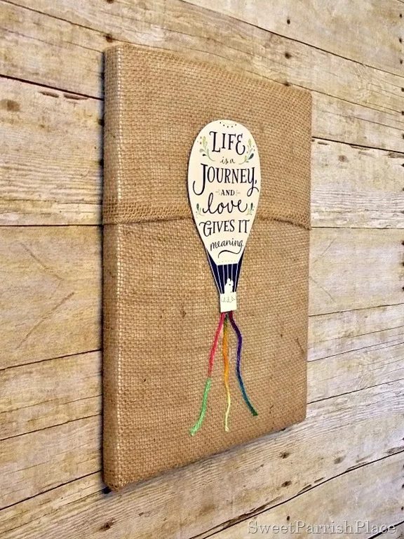 Handmade wall art - hot air balloon on burlap canvas Sweet Parrish Place