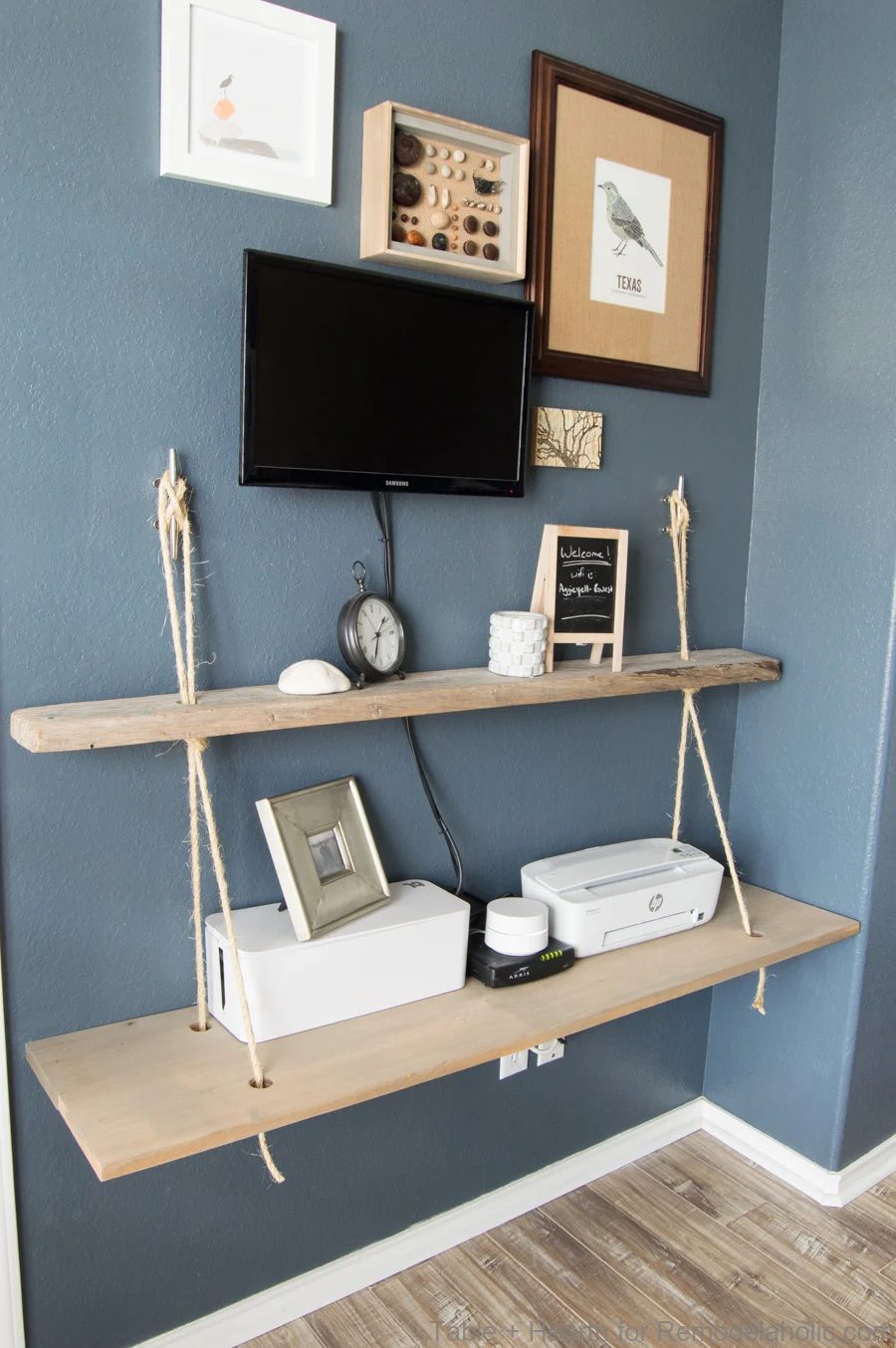 Handmade reclaimed wood floating rope shelf walkthrough | How to make an straightforward hanging rope shelves for decor and electronics #Bekob