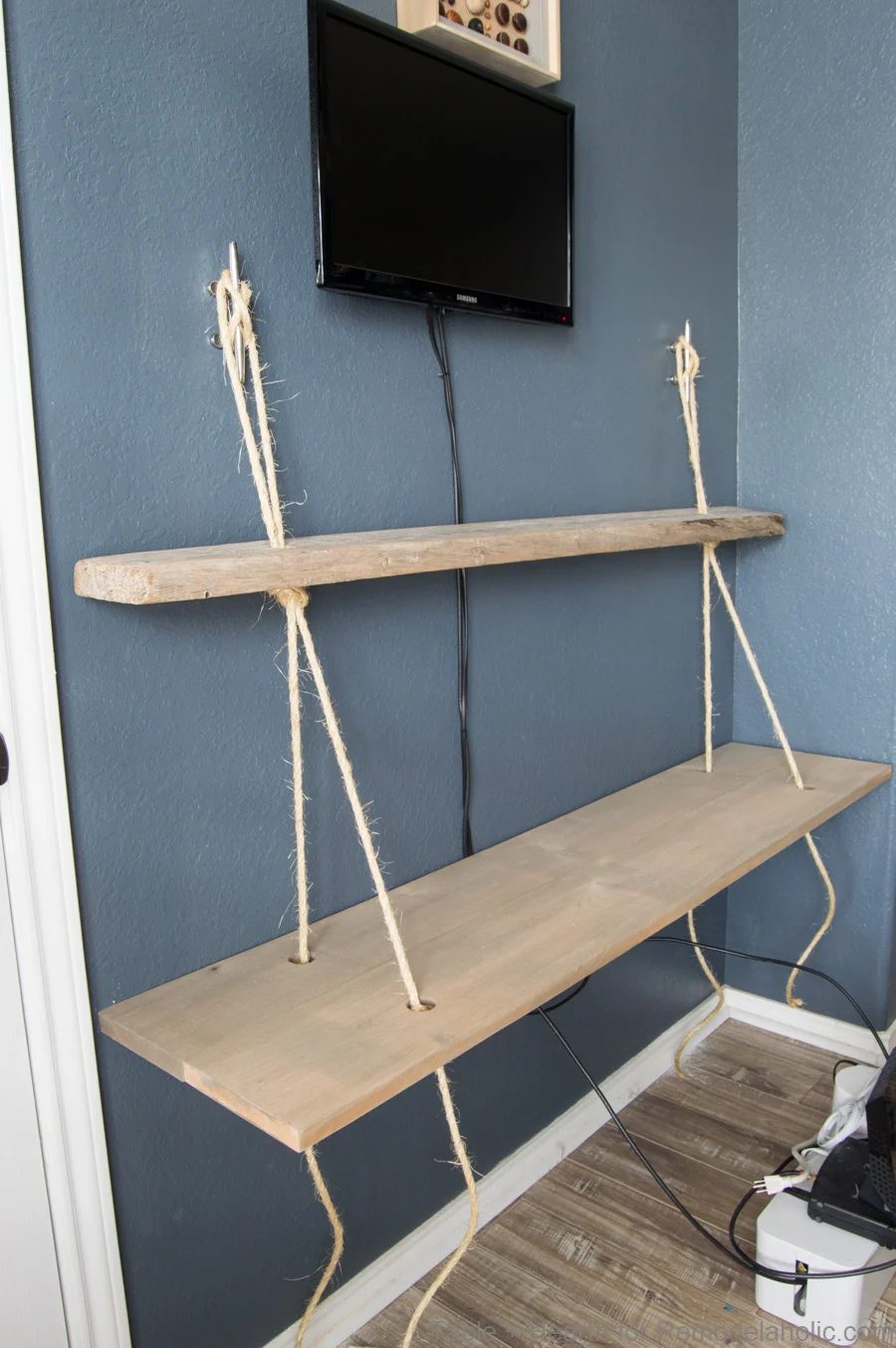 Handmade reclaimed wood floating rope shelf walkthrough | How to make an straightforward hanging rope shelves for decor and electronics #Bekob