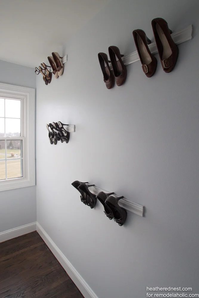 Create some inexpensive trim molding shoe storage to turn your collection of striking heeled shoes into a fashionista gallery wall! Step by step Handmade walkthrough