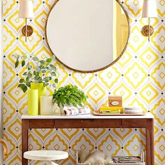 Yellow Wallpaper With Circle Mirror And Wooden Entry Table And Yellow Vase