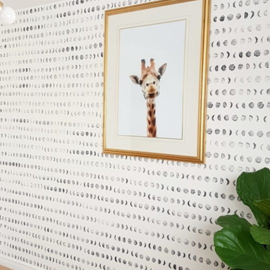 Handmade Stamped Accent Wall Of Moons With Giraffe Picture In Gold Frame