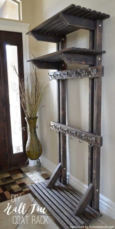 Entryway With Handmade Wooden Hall Tree Coat Rack Inspired By Pottery Barn