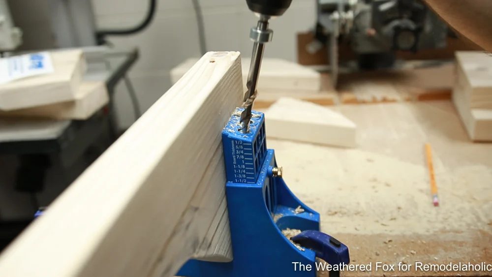 drill pocket holes on 2x6 bench legs, How to make a wooden bench farmhouse outdoor bench