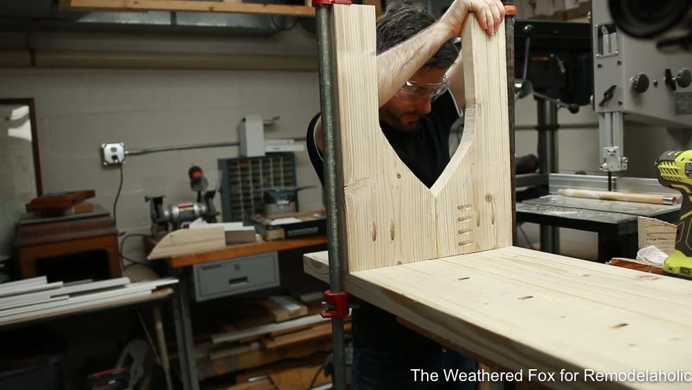 attach legs to seat, step 7 straightforward Outdoor Farmhouse Bench The Weathered Fox 9