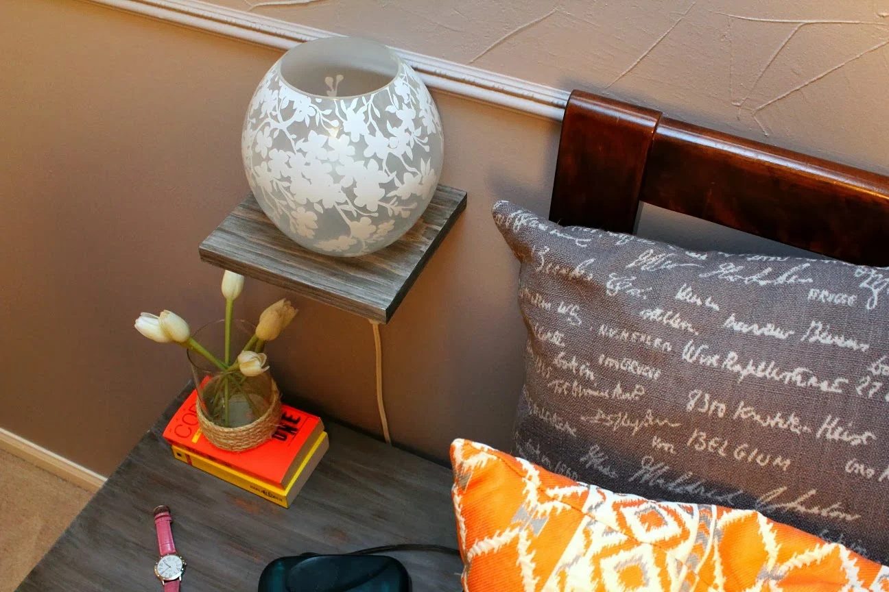 Handmade bedside floating shelf with lamp, Turtles and Tails featured on Bekob.com