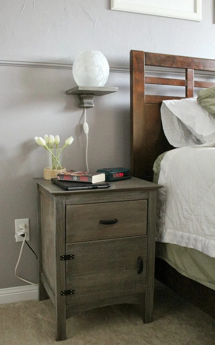 Handmade floating bedside lamp shelf over nightstand, Turtles and Tails featured on Bekob.com