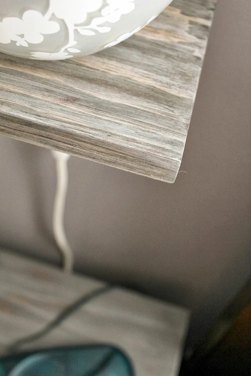 grey weathered barn board finish on floating shelf bedside storage for lamp, Turtles and Tails featured on Bekob.com