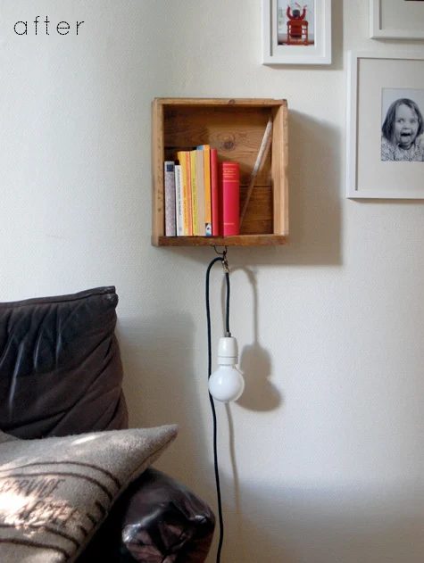 Old drawer to bedside floating shelf with light, Catherine featured on Design Sponge via Bekob