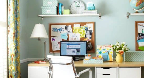 Get This Look: straightforward Home Office with Wall Shelving