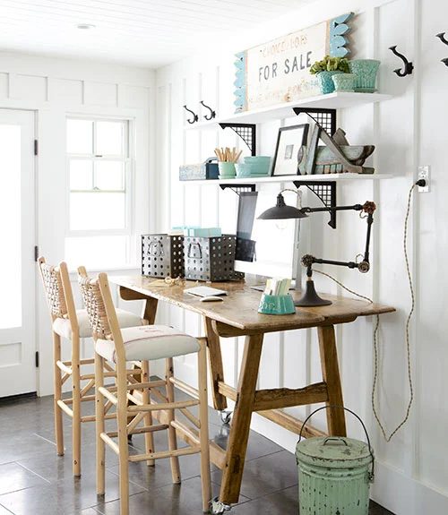 board and batten home office with wall shelving, Country Living via Bekob