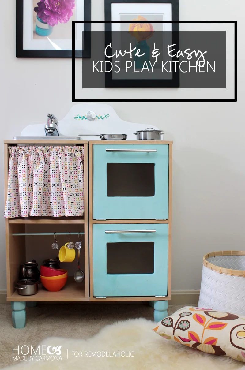 Cute and straightforward Handmade Kids Play Kitchen -- made from those low-cost cube shelves! Great walkthrough to make a great pretend kitchen.