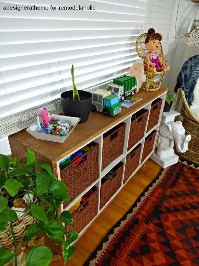 wrapping a basic 8 cube organizer with wood for a warm and cozy look