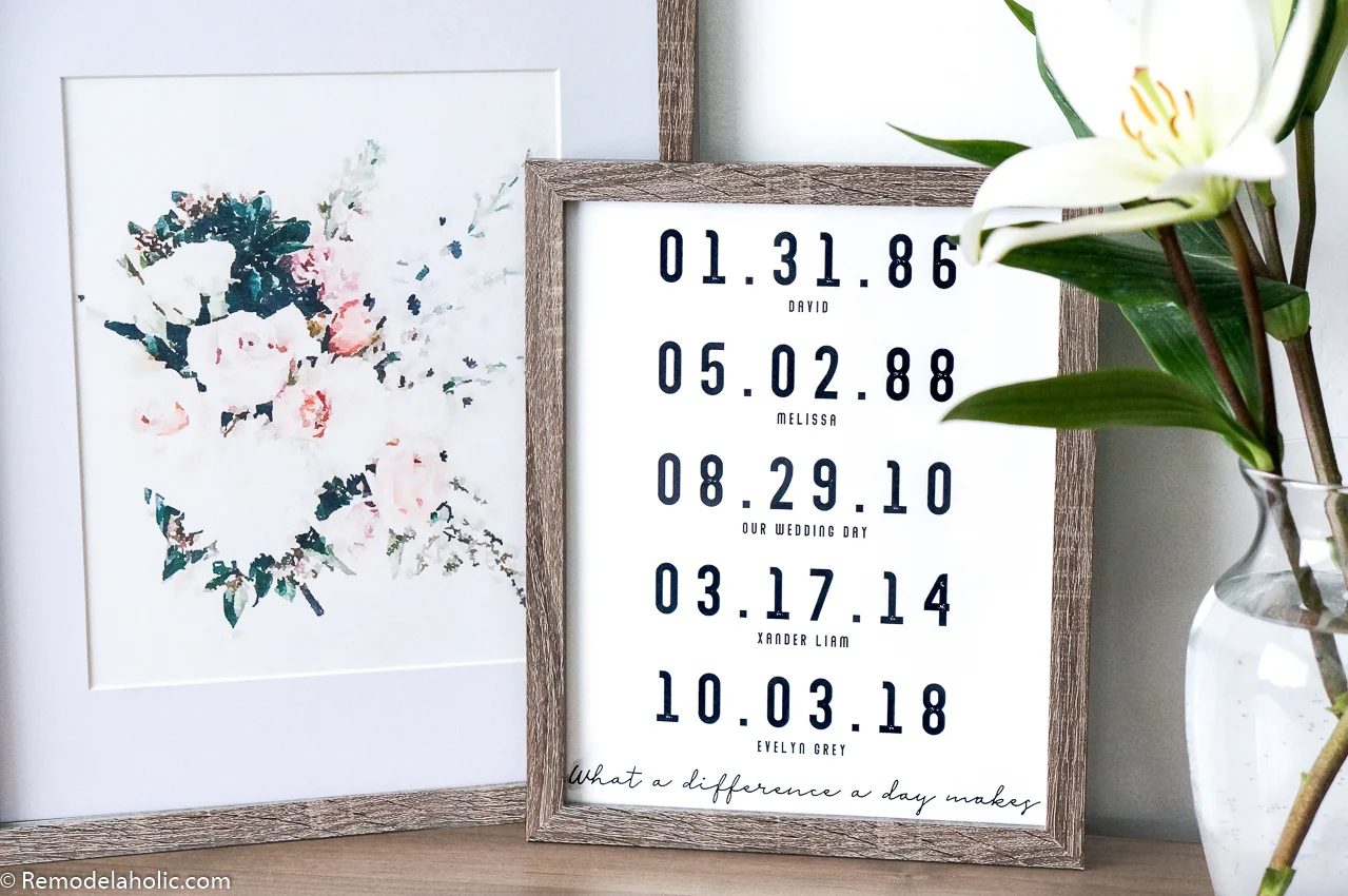 What A Difference A Day Makes Custom Date Printable And Floral Watercolor Bouquet Print Set in Wood Frames on Mantel with Flowers