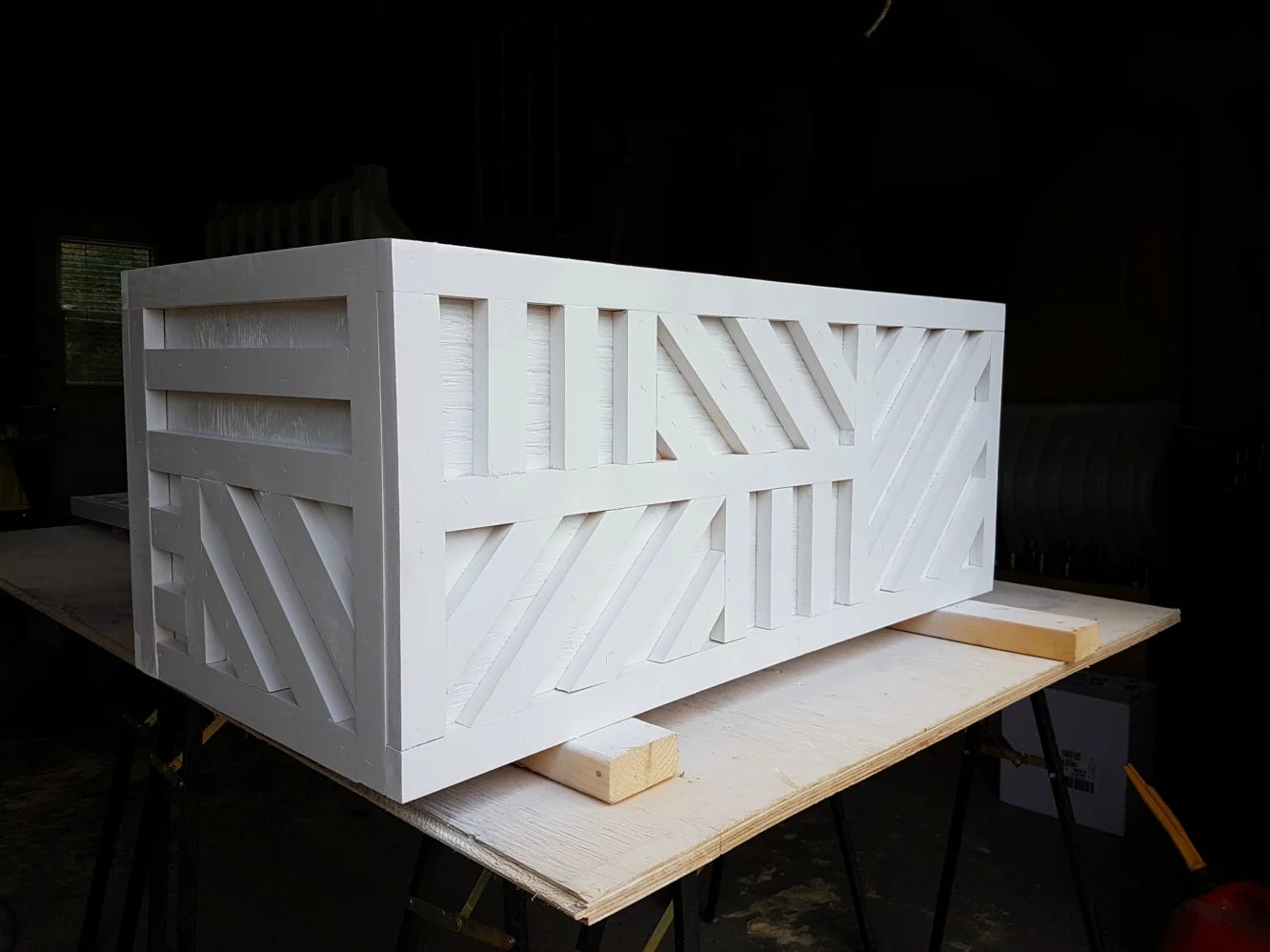 how to build a one sheet plywood storage box with lid, geometric inlay painted white