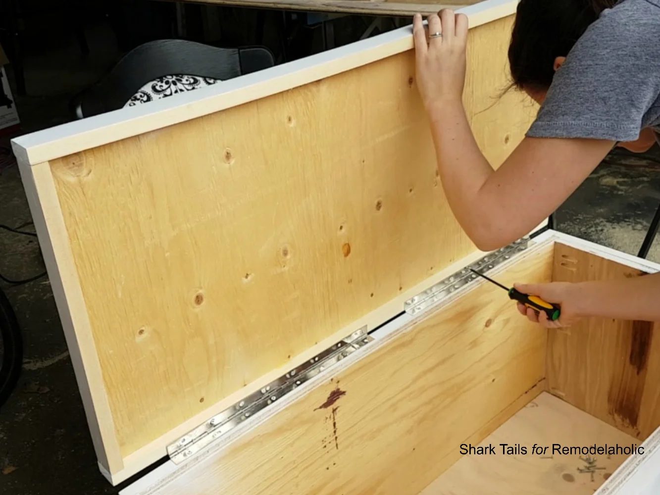 how to build a one sheet plywood storage box, attach lid hinge
